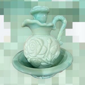 Avon Mint Green Ceramic Rose Pitcher and Basin